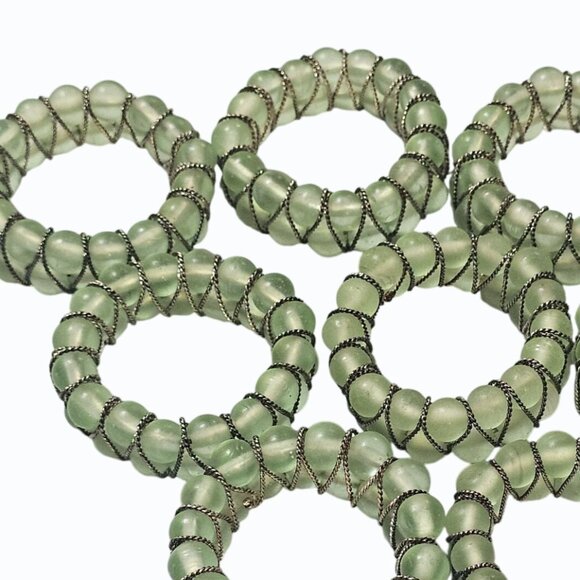 Vintage Green Glass Beads and Wire 2 Inch Napkin Rings Set of 10 - Picture 4 of 11